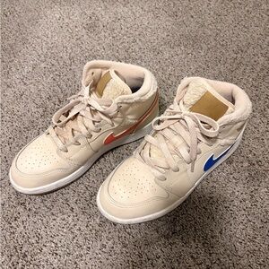 Nike Beige High-Tops with Orange and Blue Swooshes